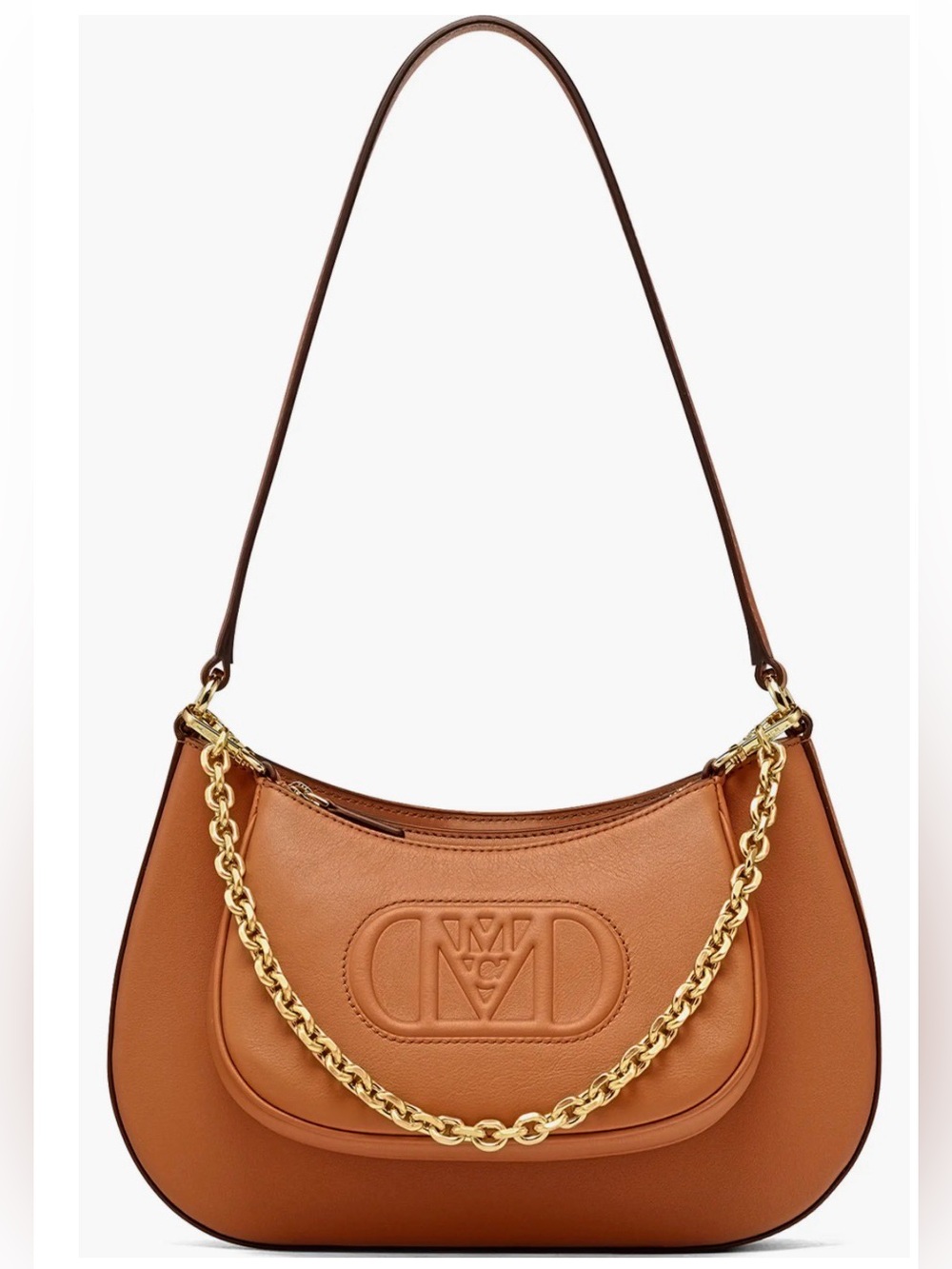 MCM An embossed logo stands out front  two in one  Bag with Gold Chain - Tan